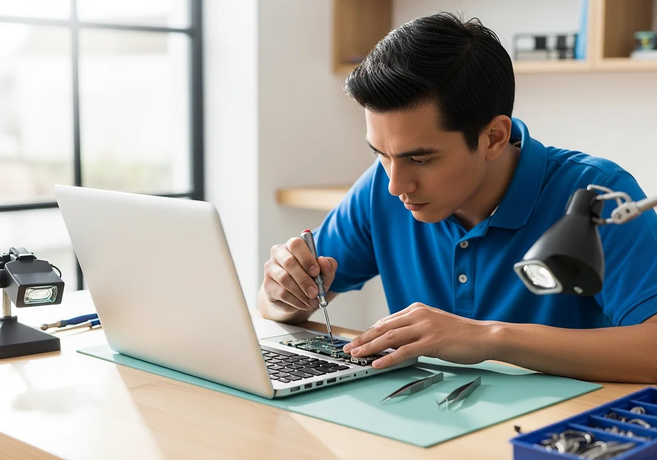A technician repairing an opened laptop with a precision screwdriver