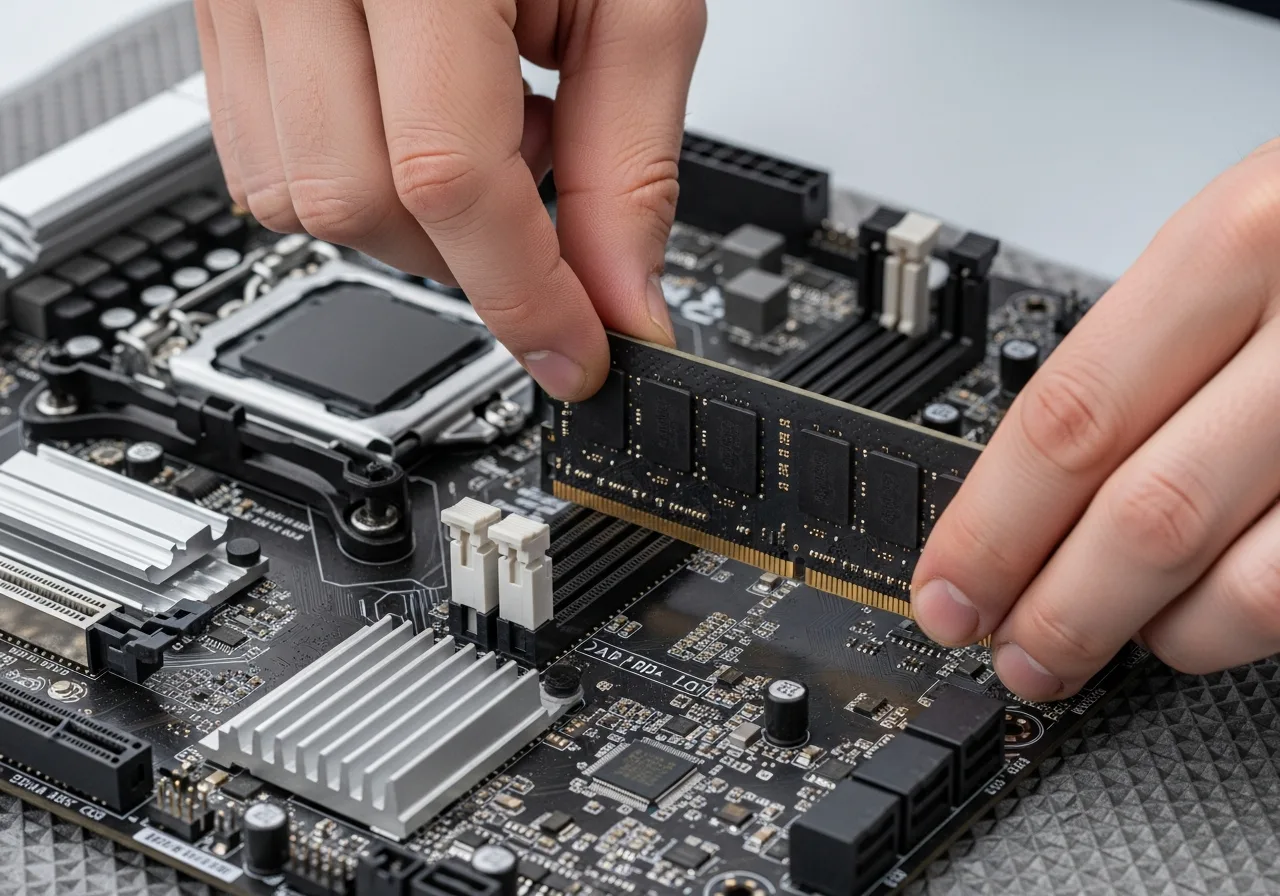 Hands installing a memory module onto a desktop motherboard