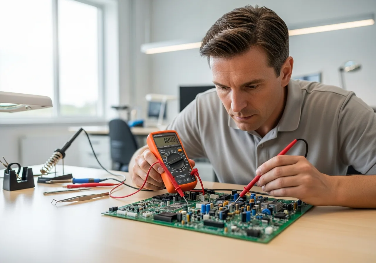 A technician testing a circuit board with a multimeter