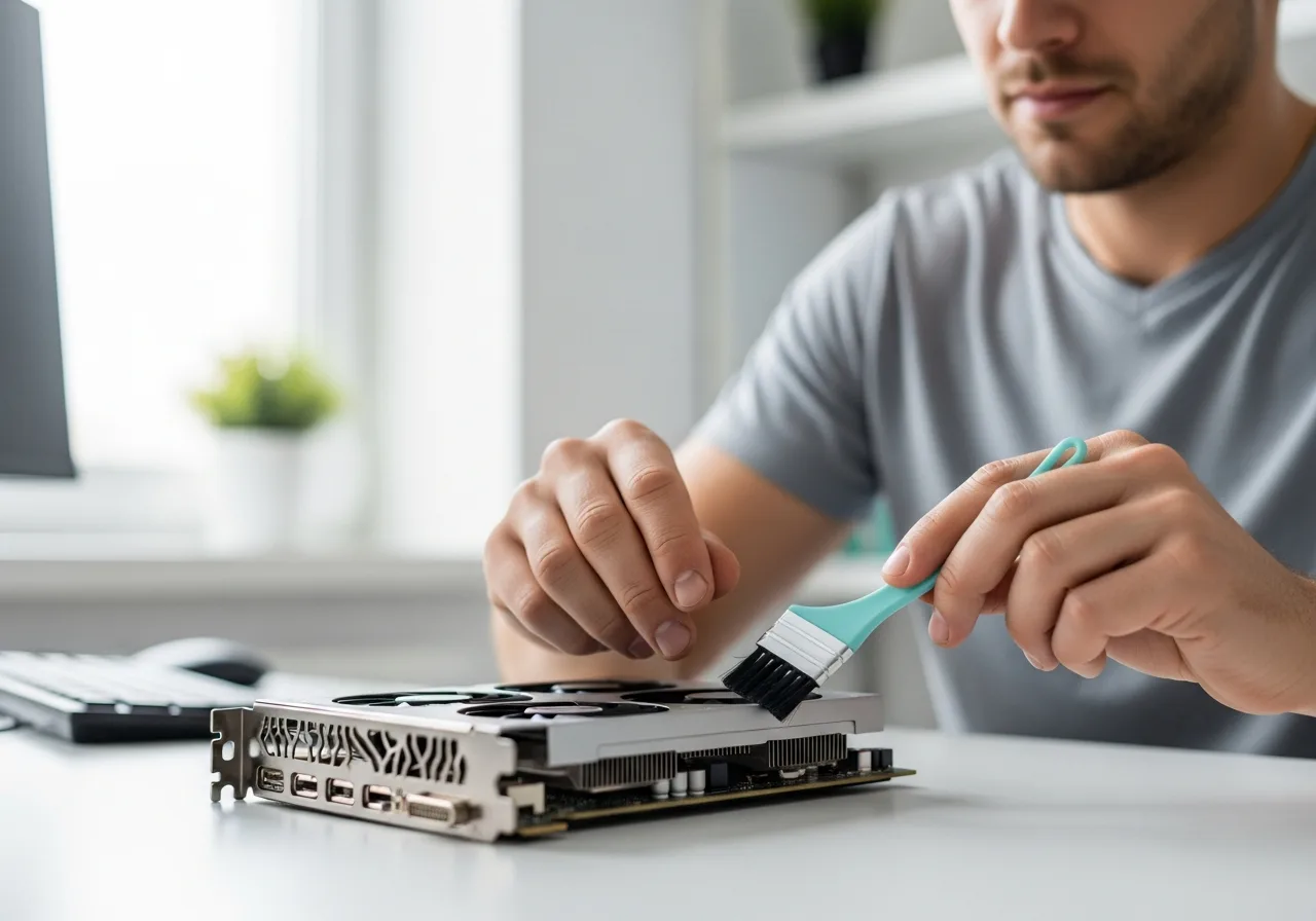 A technician cleaning a graphics card cooling fan with a soft brush