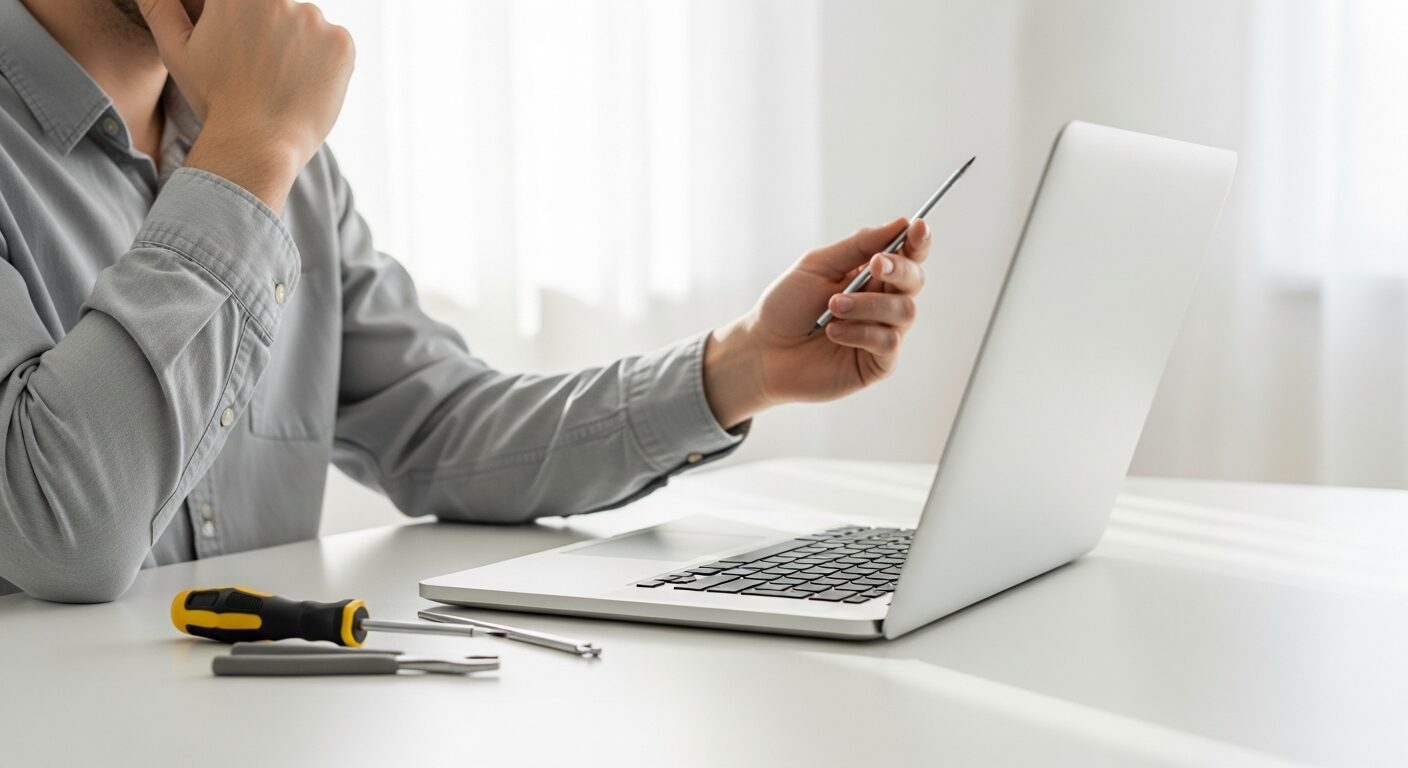 Hands carefully working on a device during a repair
