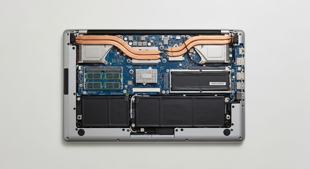 The internal components of an open laptop