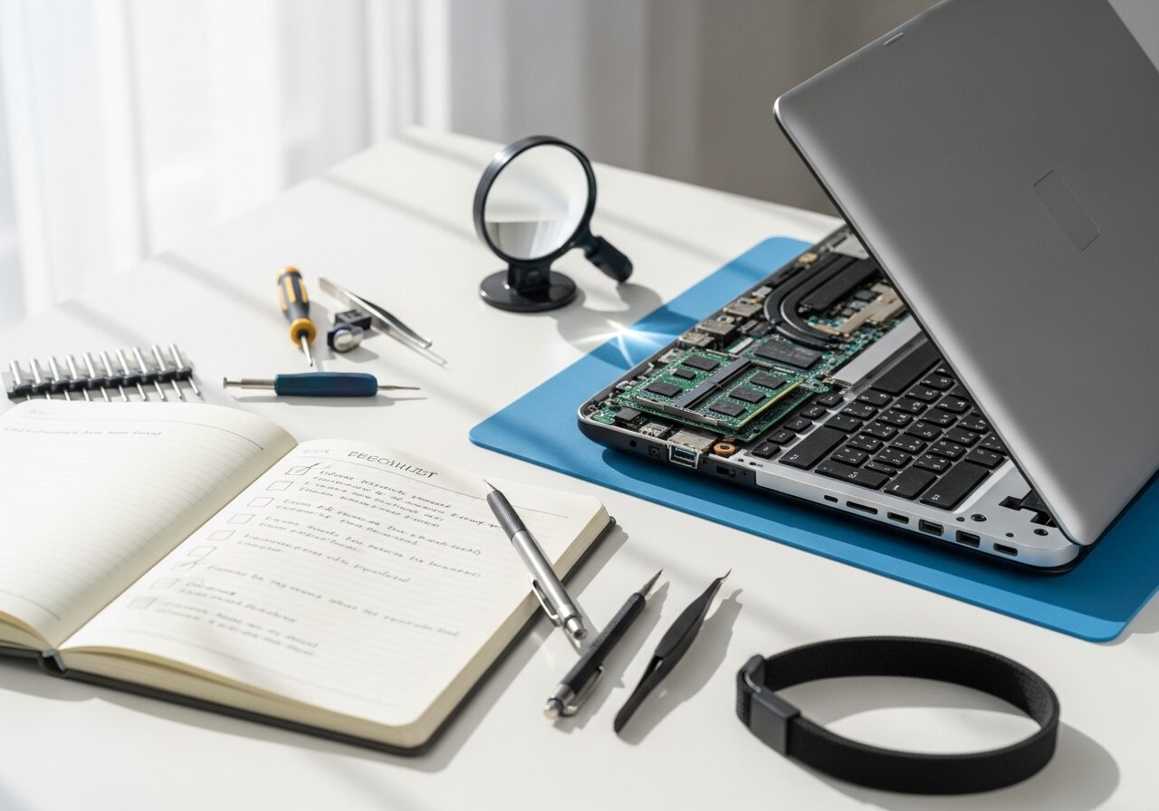 A methodical repair setup with an open checklist notebook beside a device being inspected